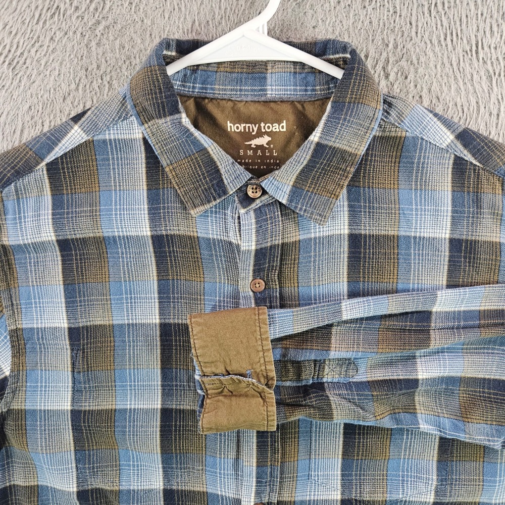 Horny Toad Mens Small Blue Brown Plaid Organic Cotton Flannel‎ Button Down Shirt